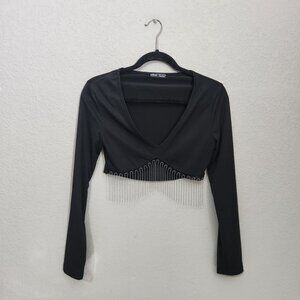 Shein Size M Black Long Sleeve Crop Top With Rhinestone Fringe Whimsigoth